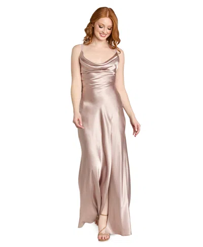 Morgan & Company Juniors' Drape Back Cowl Neck Long Gown In Brown