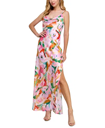 Morgan & Company Juniors' Floral Cowlneck Maxi Dress In White,mult