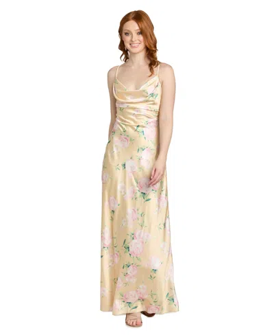 Morgan & Company Juniors' Floral Printed Cowl Neck Long Gown In Yellow
