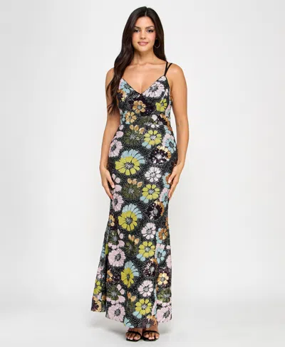 Morgan & Company Juniors' Floral Sequin V-neck Sleeveless Gown In Black Multi