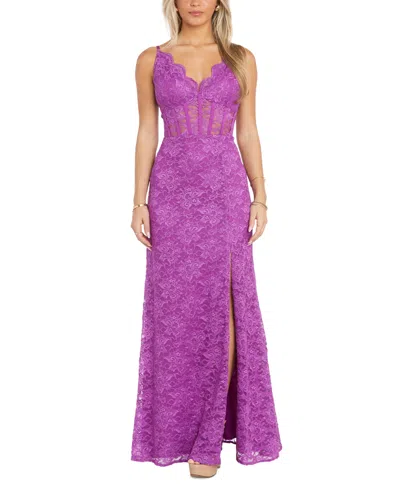Morgan & Company Juniors' Glitter Scallop Lace Corset Gown In Magenta