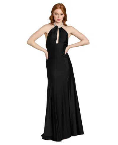Morgan & Company Juniors' Imitation-pearl Halter Neck Long Gown In Black