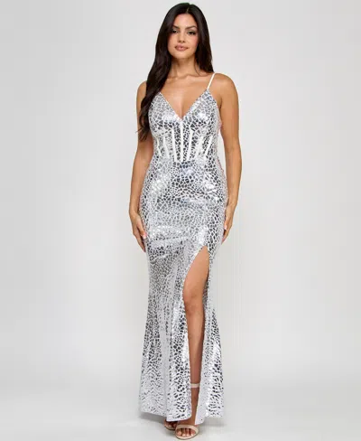 Morgan & Company Juniors' Metallic Print V-neck Sleeveless Gown In White Silver