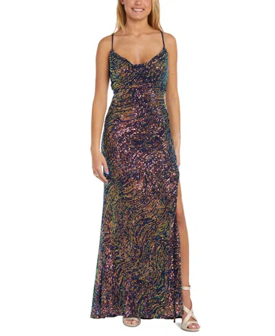 Morgan & Company Juniors' Sequin Drape-neck Sleeveless Gown In Navy