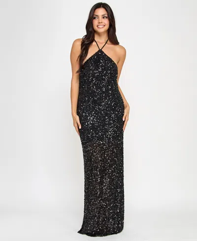 Morgan & Company Juniors' Sequin Embellished Halter Gown In Black