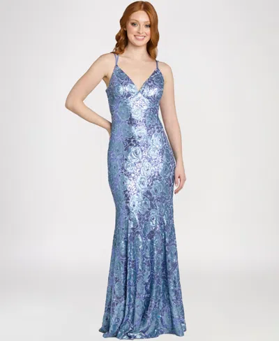 Morgan & Company Juniors' Sequin Floral Pattern V-neck Ball Gown, Regular & Plus Size In Multi