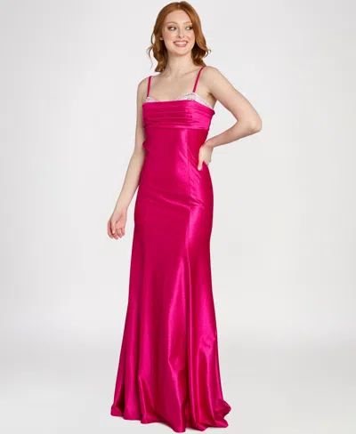 Morgan & Company Juniors' Sequin Knot Glitter Knit Ball Gown In Fuschia