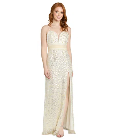 Morgan & Company Juniors' Sequin Paillettes Front-side Slit Long Gown In Yellow