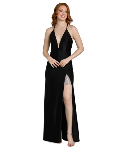 Morgan & Company Juniors' Side-slit X-back Gown In Black
