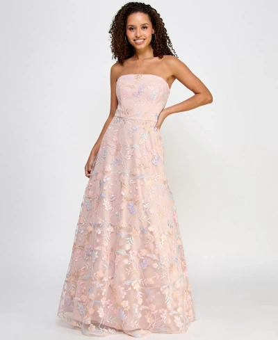 Morgan & Company Juniors' Strapless All Over Embroidery And Sequin Gown In Mauve,nude