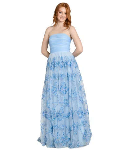 Morgan & Company Juniors' Strapless Butterfly Soutache Ball-gown In Blue