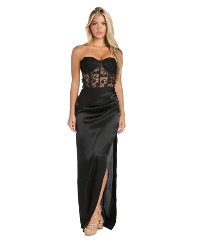 Morgan & Company Juniors' Strapless Floral-corset Slit Gown