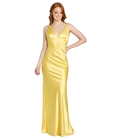 Morgan & Company Juniors' Stretch V-neck Bar Back Long Gown In Yellow