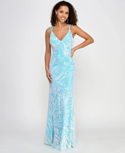 Morgan & Company Juniors' Sweetheart-neck Sleeveless Sequin Gown In Baby Blue