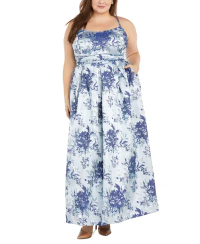 Morgan & Company Plus Size Sleeveless Floral Gown In Blue