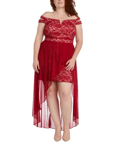 Morgan & Company Trendy Plus Size Lace Off-the-shoulder Dress In Red,nude