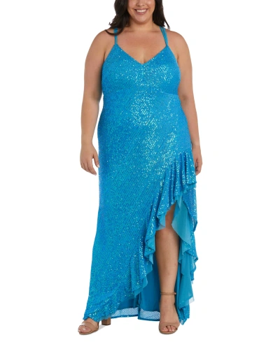 Morgan & Company Trendy Plus Size Sequin Ruffled High-low Gown In Turquoise