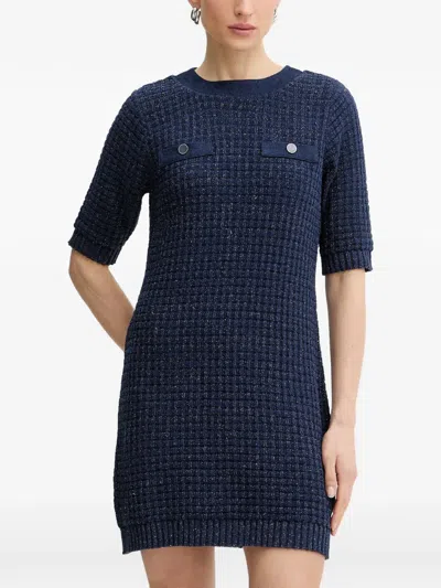 Morgan Basket-weave-knit Faux-pocket Mini Dress In Blue