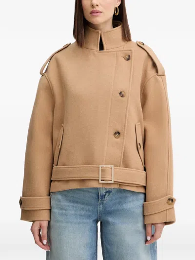 Morgan Belted Button Coat In Brown