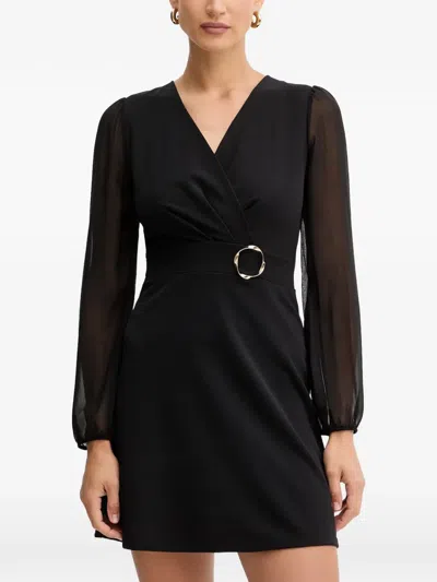 Morgan Buckle-detail Sheer-sleeve Mini Dress In Black