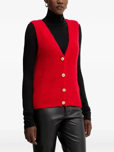 Morgan Button V-neck Knit Vest In Red