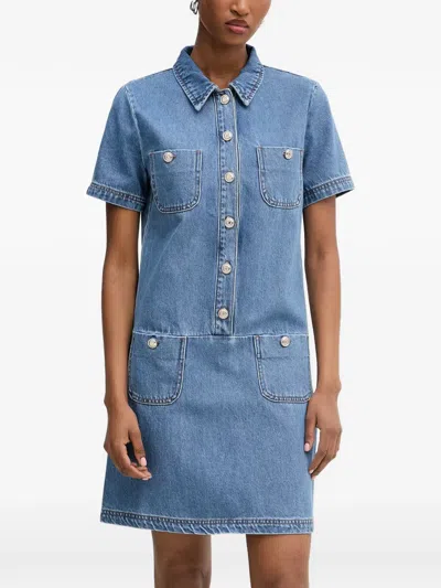 Morgan Button-up Short-sleeve Mini Dress In Blue