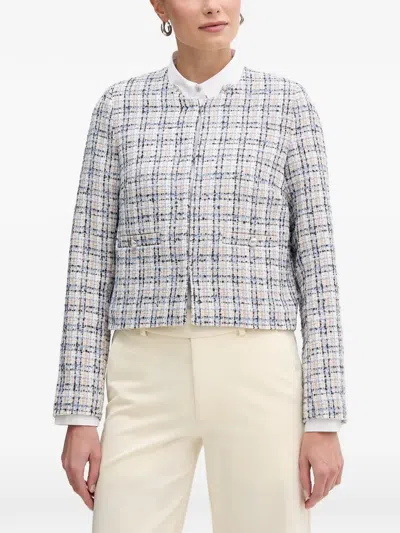 Morgan Check-pattern Collarless Cardigan In White