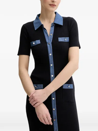 Morgan Denim-panel Button Midi Dress In Purple
