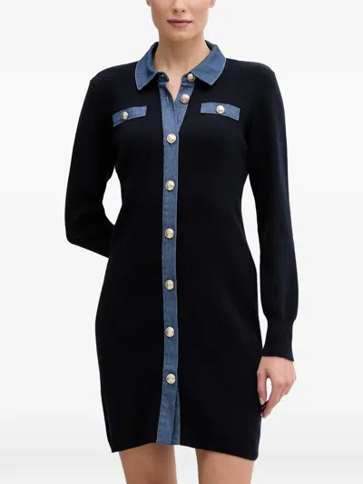 Morgan Denim-panel Button-up Mini Dress In Black