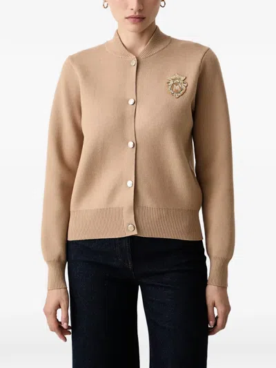 Morgan Embroidered-patch Ribbed-trim Cardigan In Brown