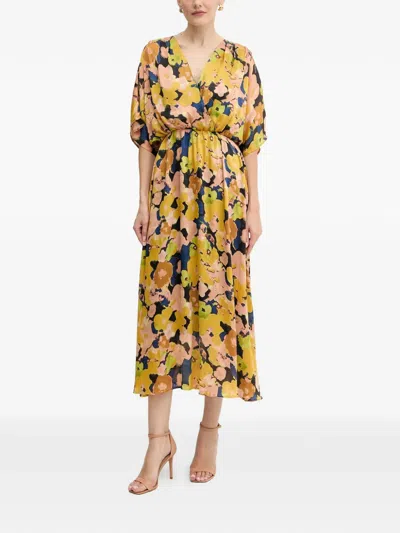 Morgan Floral-patterned V-neck Midi Dress In Yellow