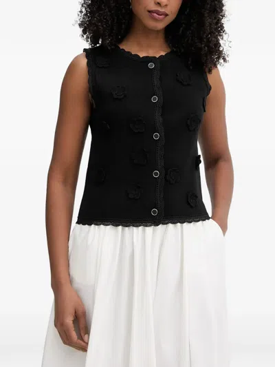 Morgan Floral-appliqué Lace-trim Sleeveless Cardigan In Black