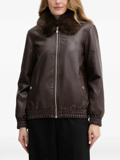 Morgan Fur Collar Zip Jacket In Brown