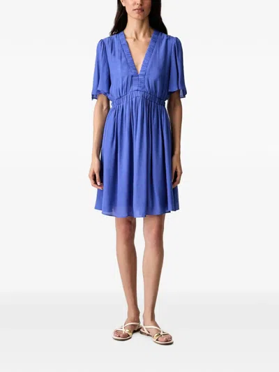 Morgan Gathered V-neck Mini Dress In Blue
