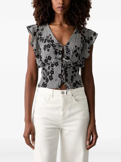 Morgan Gingham Floral-print Blouse In Black