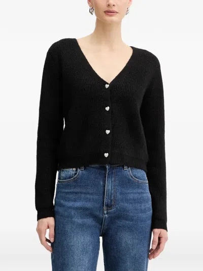 Morgan Heart-button Ribbed Cardigan In Black