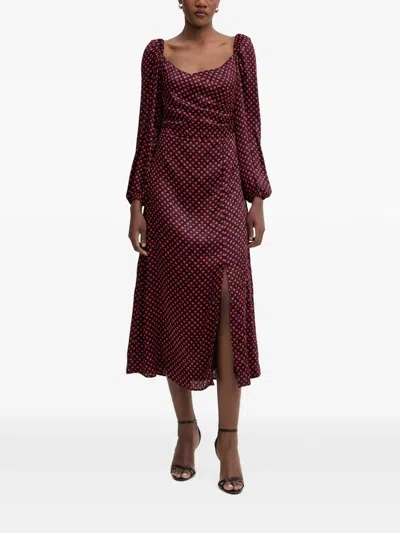 Morgan Heart-print Ruched Midi Dress In Burgundy