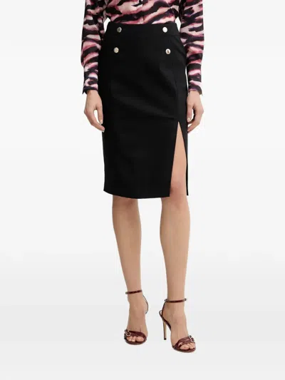 Morgan Jeony Button-embellished Slit-detail Midi Skirt In Black