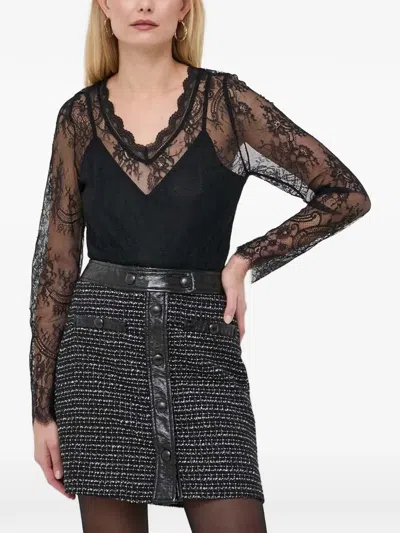 Morgan Lace-overlay V-neck Top In Black