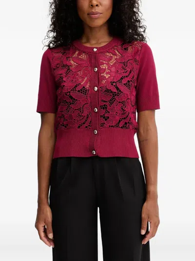 Morgan Lace-panelled Short-sleeve Cardigan In Red