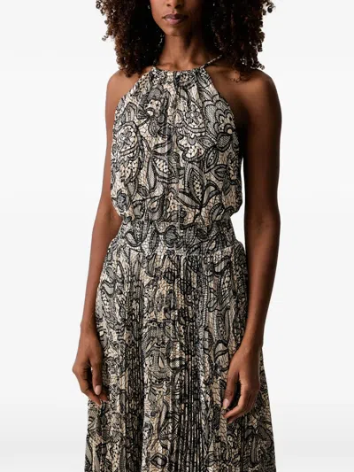 Morgan Lace-print Pleated Midi Dress In Black