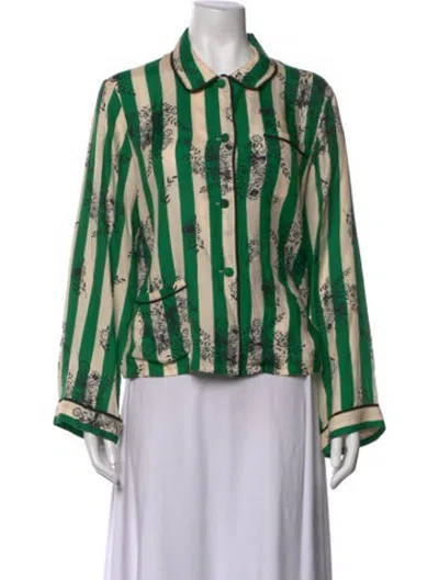 Pre-owned Morgan Lane Floral Print Long Sleeve Button-up Top In Green