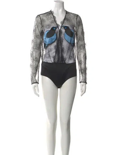 Pre-owned Morgan Lane Lace Pattern V-neck Bodysuit In Black