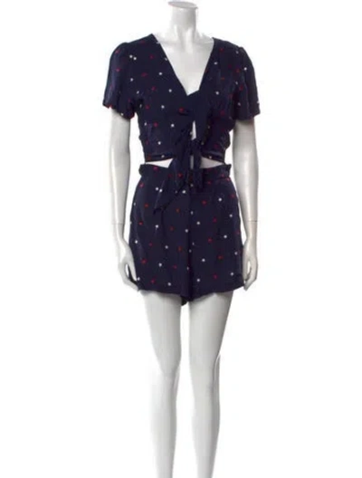 Pre-owned Morgan Lane Printed V-neck Romper In Blue