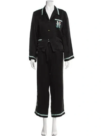 Pre-owned Morgan Lane Silk Embroidered Accent Pajamas In Black