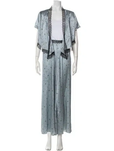 Pre-owned Morgan Lane Silk Floral Print Pant Set In Blue