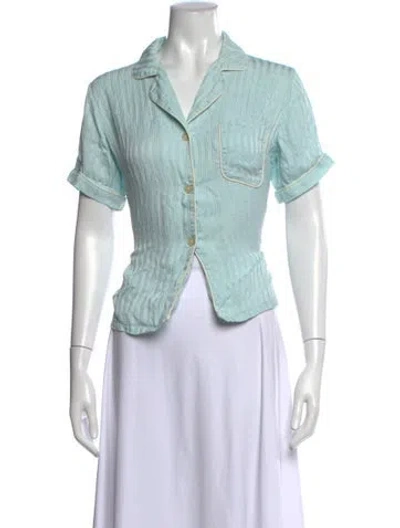 Pre-owned Morgan Lane Silk Short Sleeve Button-up Top In Blue/green