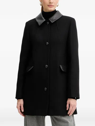 Morgan Leather Collar Button Coat In Black