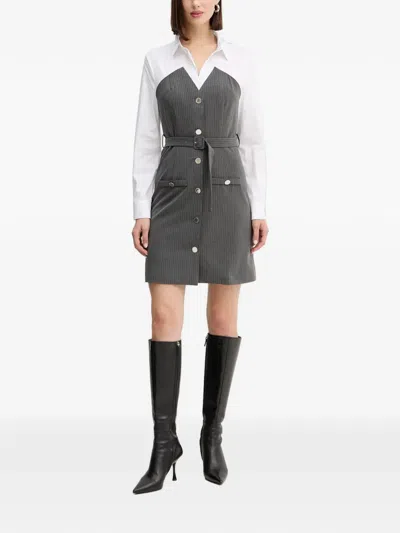 Morgan Pinstripe-pattern Belted Mini Dress In Gray
