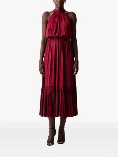 Morgan Pleated Halterneck Midi Dress In Red